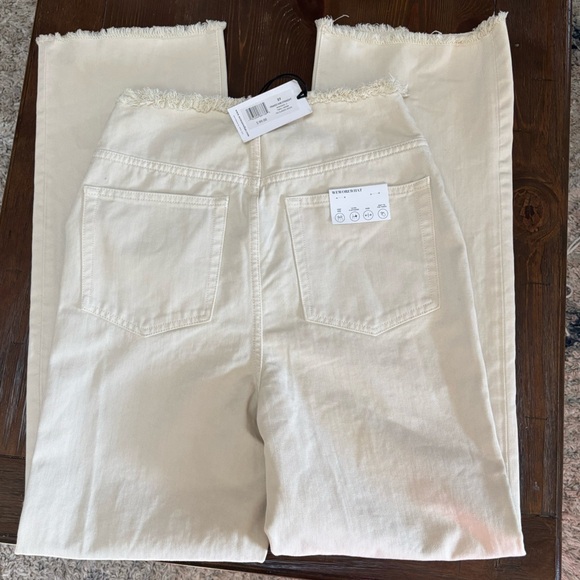 WEWOREWHAT HIGH RISE WIDE LEG FRAYED STRAIGHT LEG CREAM DENIM PANTS JEANS SZ 27 - Picture 7 of 13